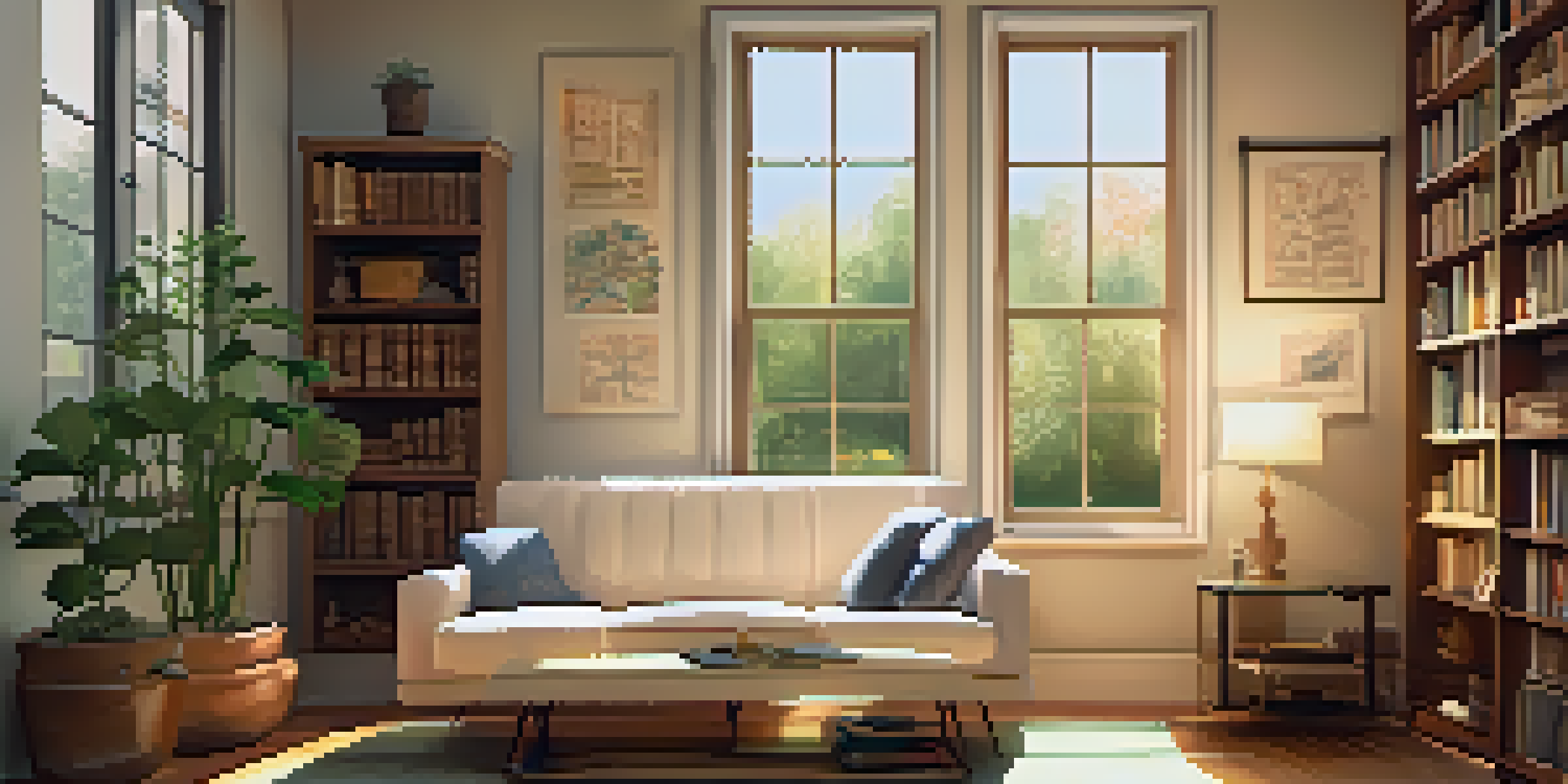 A cozy therapy room with warm lighting, a comfortable couch, bookshelves, and a view of a peaceful garden outside.