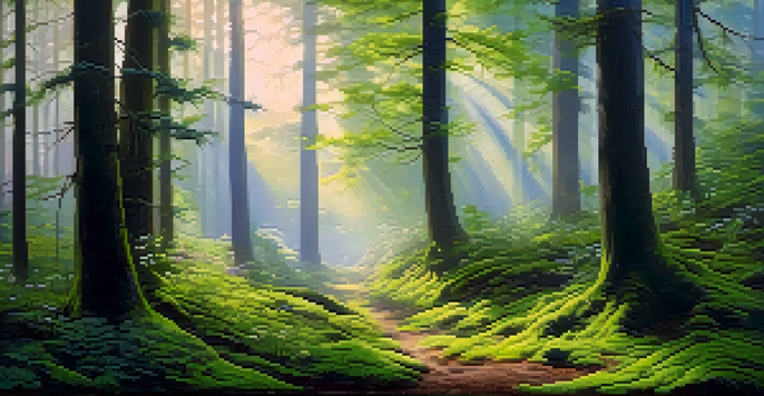 A tranquil forest at dawn with sunlight filtering through the trees and mist in the air, showcasing green moss and blooming wildflowers.