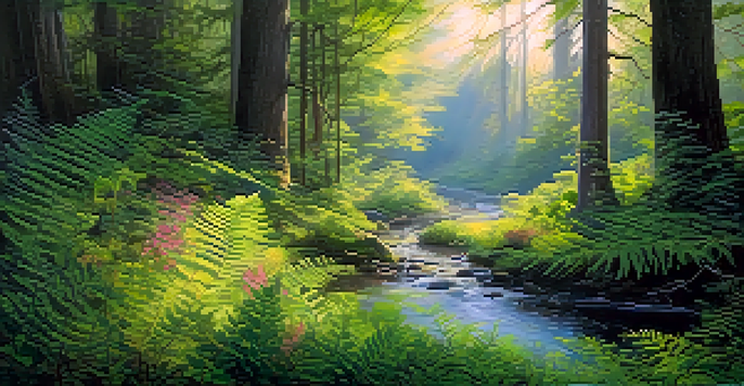 A peaceful forest landscape at dawn, with sunlight filtering through trees and colorful wildflowers.