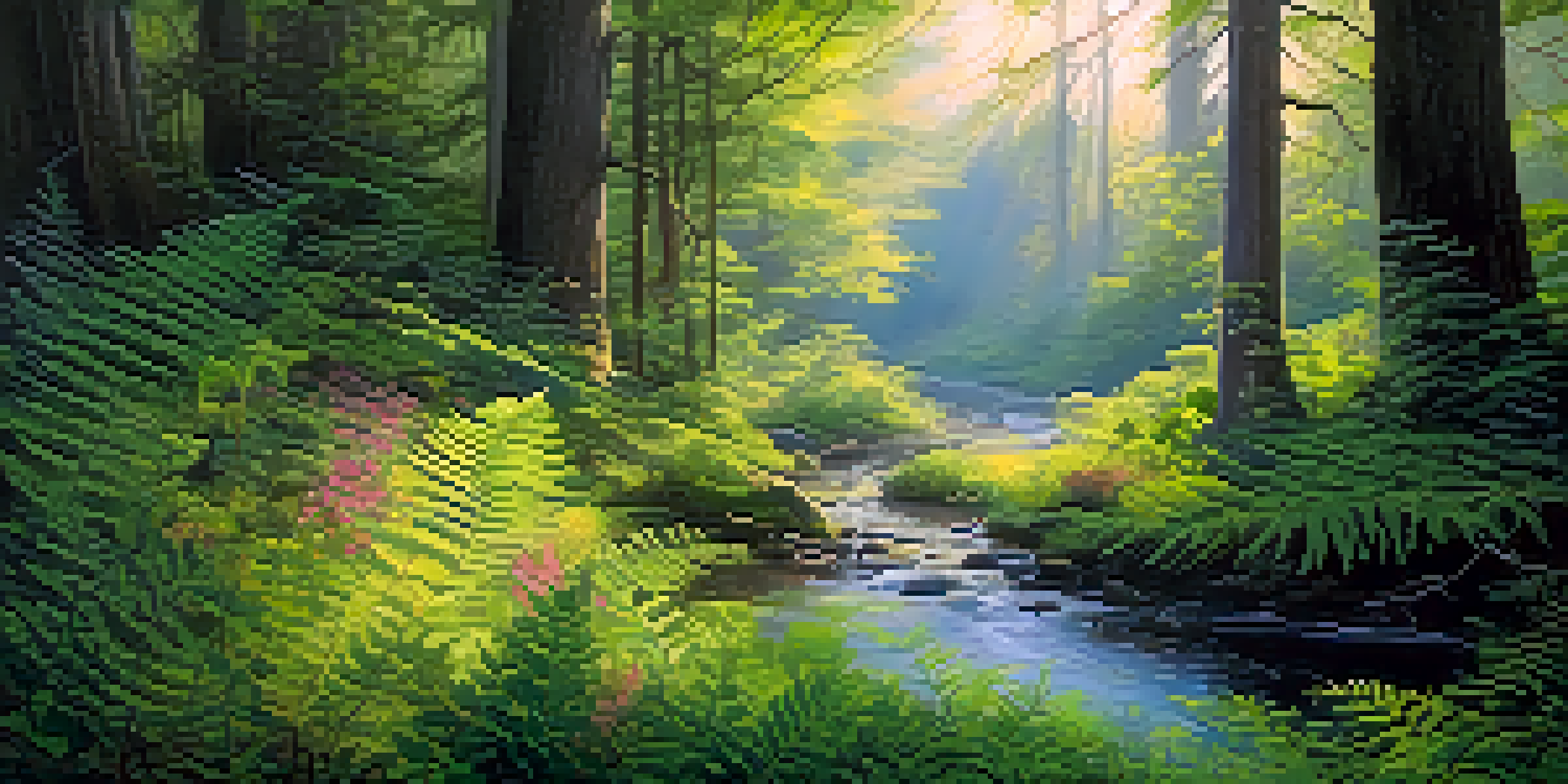 A peaceful forest landscape at dawn, with sunlight filtering through trees and colorful wildflowers.