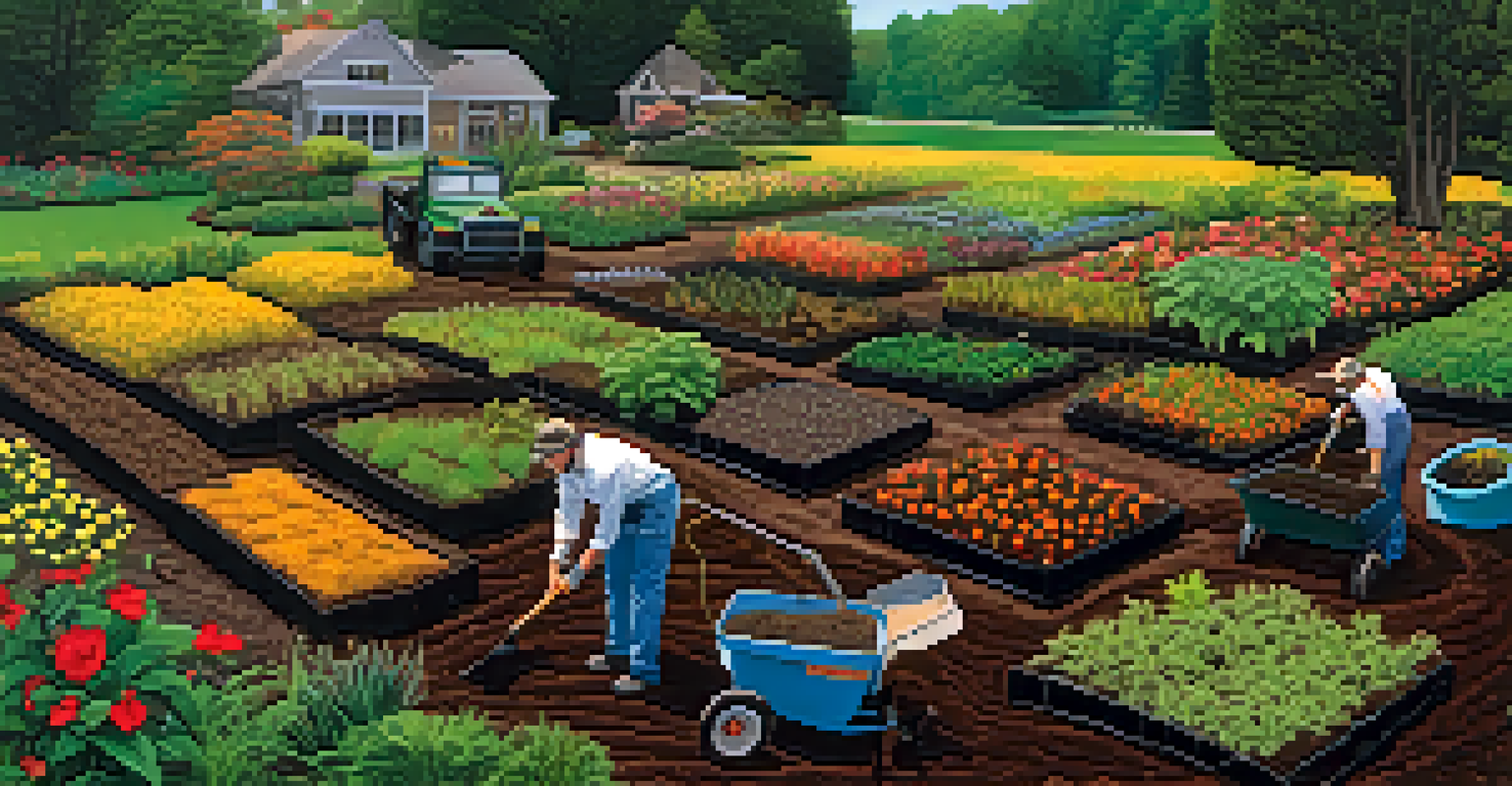 A gardener applying organic fertilizers to a healthy soil bed, surrounded by vibrant plants and beneficial insects, showcasing a thriving ecosystem.
