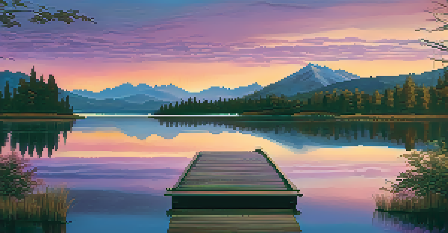 A calm lakeside at sunset with vibrant reflections in the water and silhouettes of mountains.