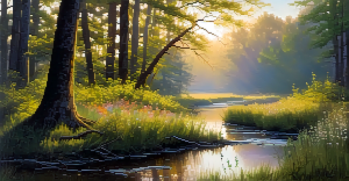 A beautiful forest at dawn with sunlight filtering through trees and a small stream reflecting the morning sky.