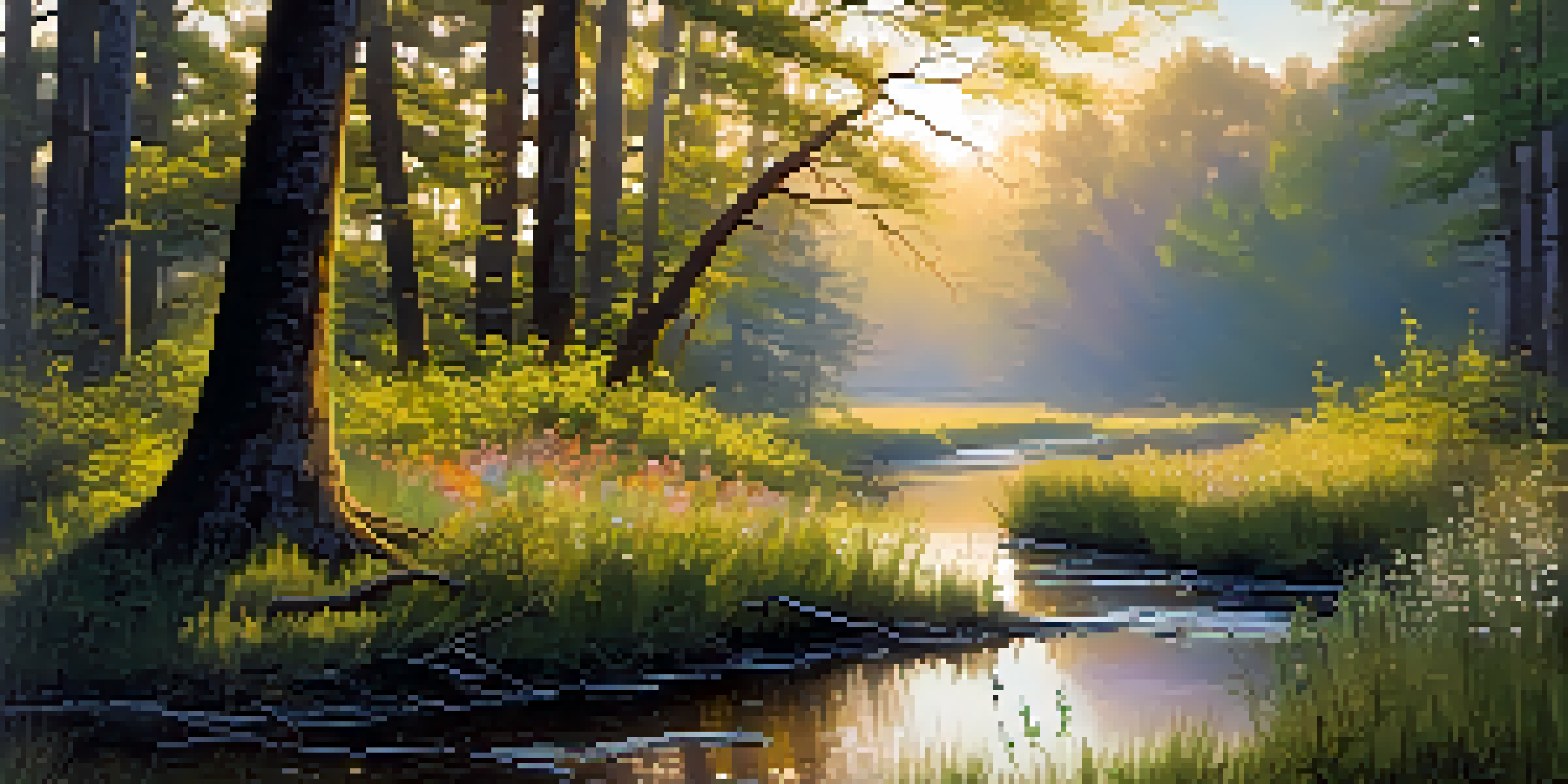 A beautiful forest at dawn with sunlight filtering through trees and a small stream reflecting the morning sky.