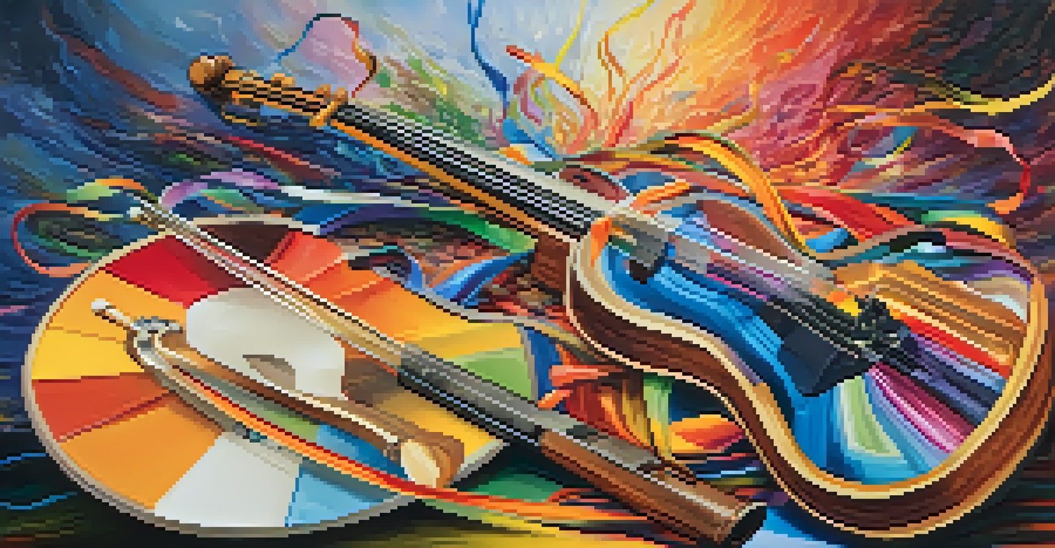 An artist's palette filled with vibrant colors, surrounded by musical instruments and colorful sound waves.