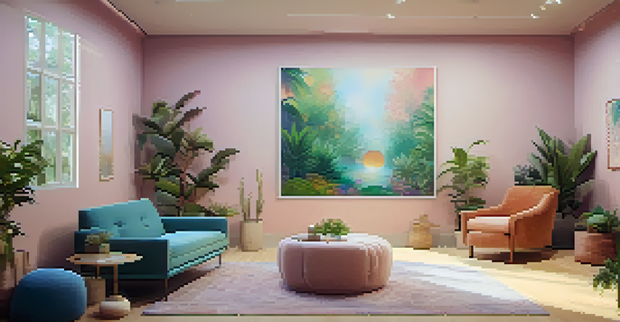 A peaceful therapy room designed for psychedelic therapy with soft lighting, comfortable seating, and calming decor, including plants and abstract art.