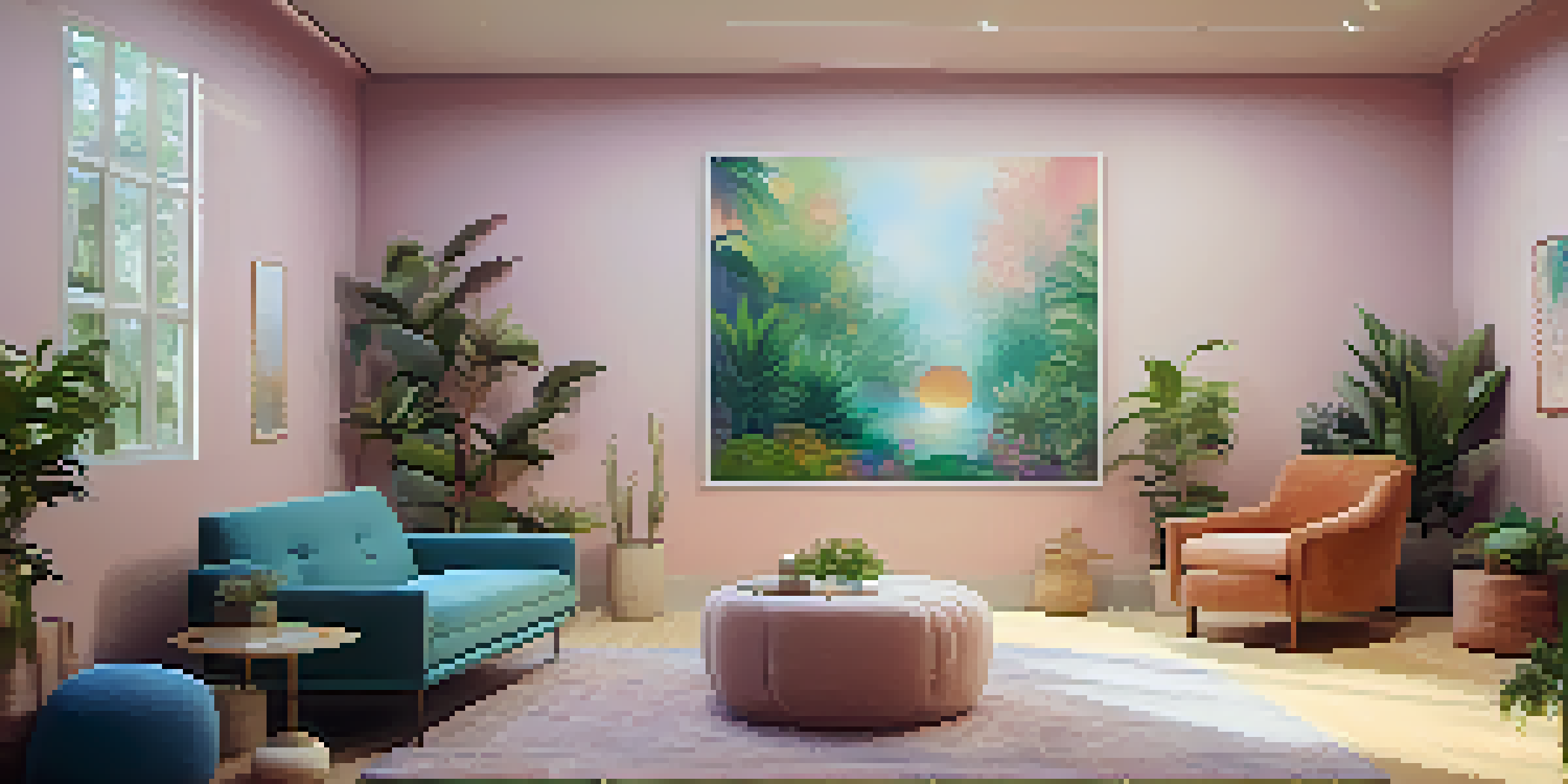 A peaceful therapy room designed for psychedelic therapy with soft lighting, comfortable seating, and calming decor, including plants and abstract art.