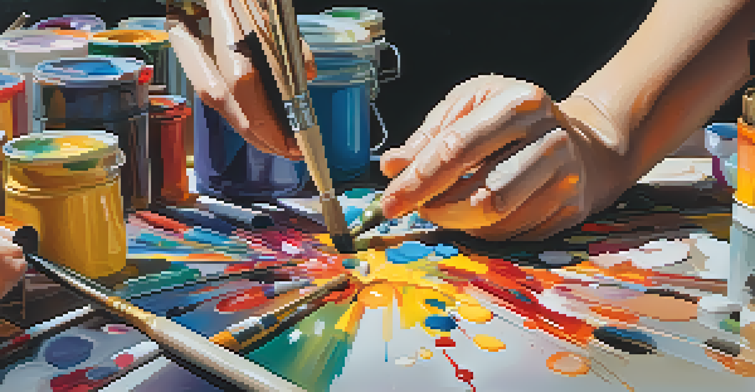 An artist's hands at work, painting an abstract canvas with colorful shapes, surrounded by art supplies.