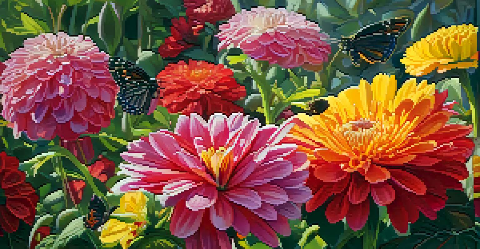 A colorful garden with blooming flowers and a butterfly resting on one of them.