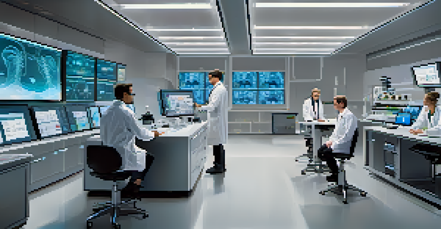 A high-tech laboratory where scientists are studying hallucinogens, featuring advanced equipment and researchers analyzing brain activity data.