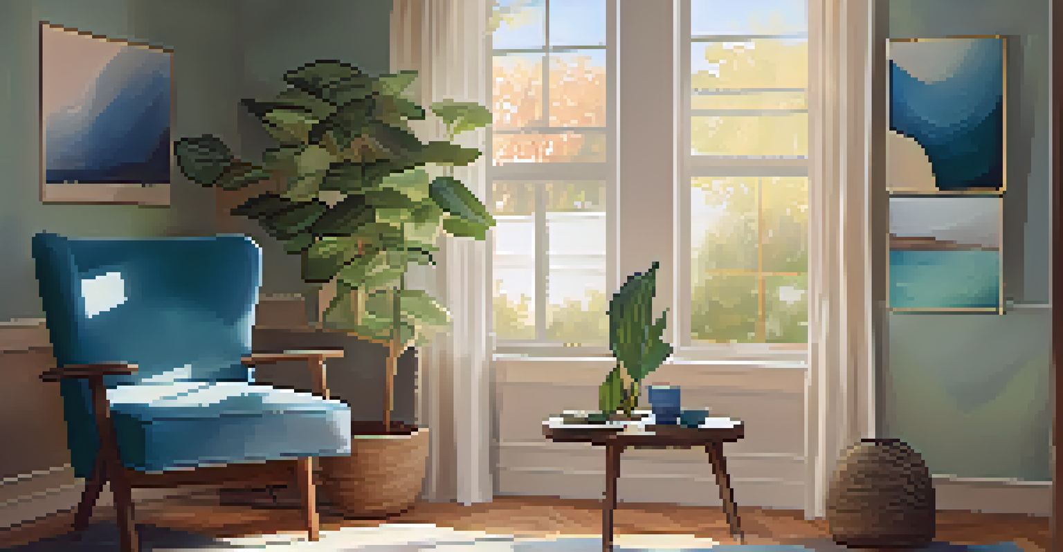 A cozy therapy room with a comfortable chair, warm lighting, and calming abstract art on the walls.
