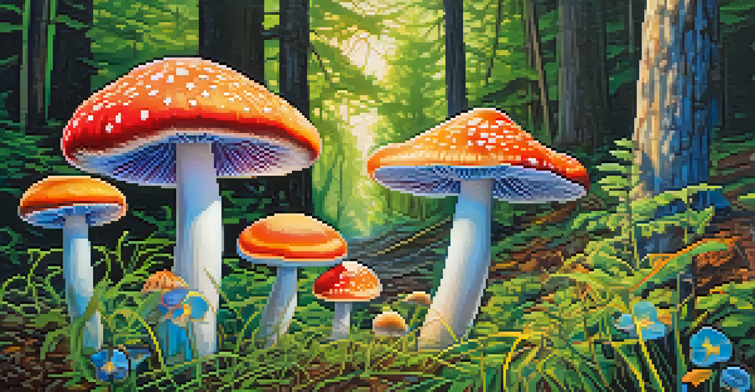 A colorful and detailed scene of psychedelic mushrooms in a natural environment, surrounded by grass and flowers with sunlight filtering through trees.