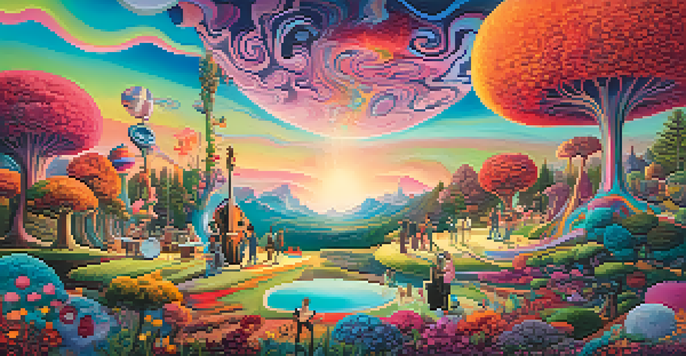 A colorful, surreal landscape with swirling skies and oversized flowers, featuring musicians playing instruments in a whimsical forest.