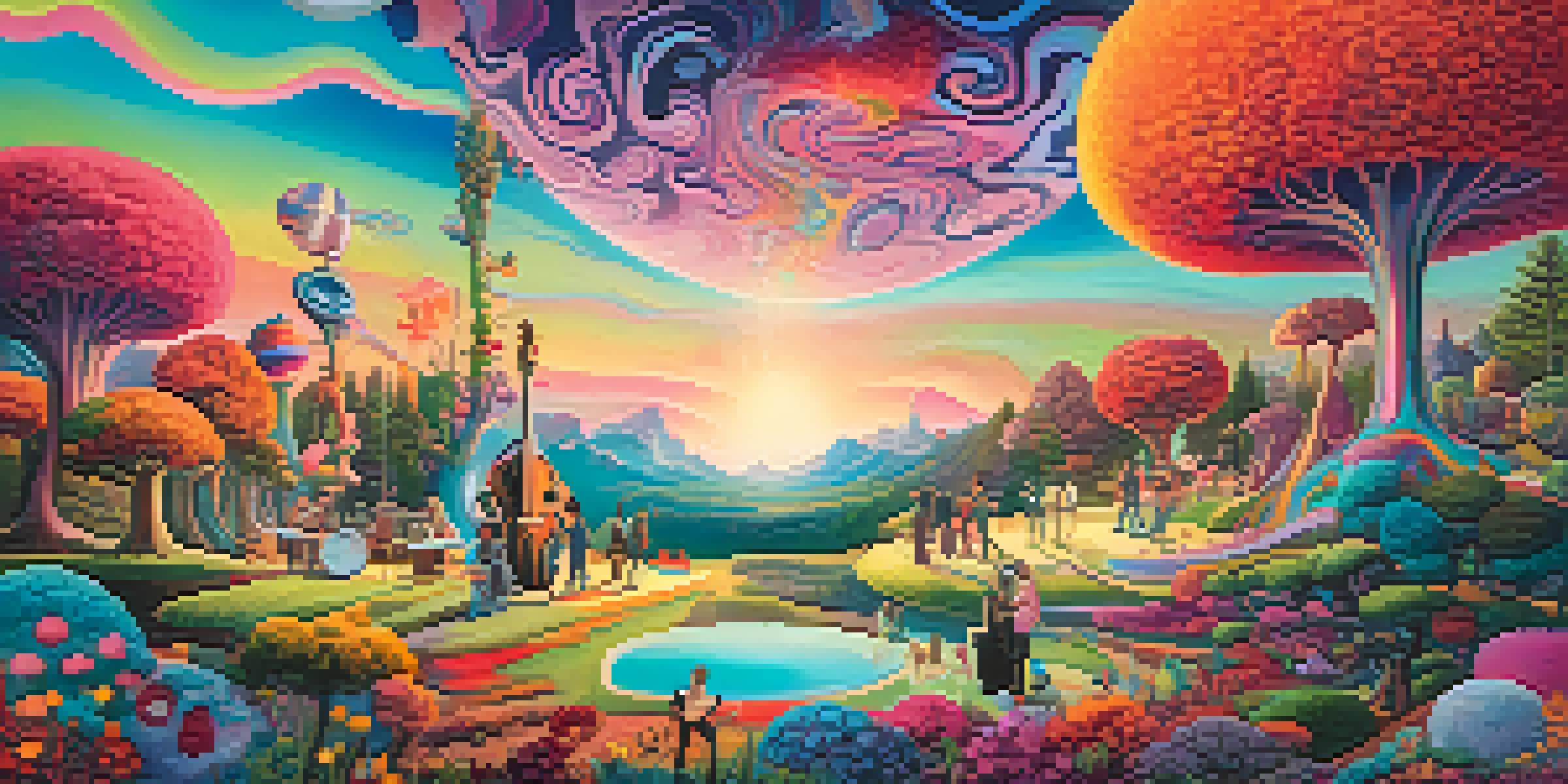 A colorful, surreal landscape with swirling skies and oversized flowers, featuring musicians playing instruments in a whimsical forest.