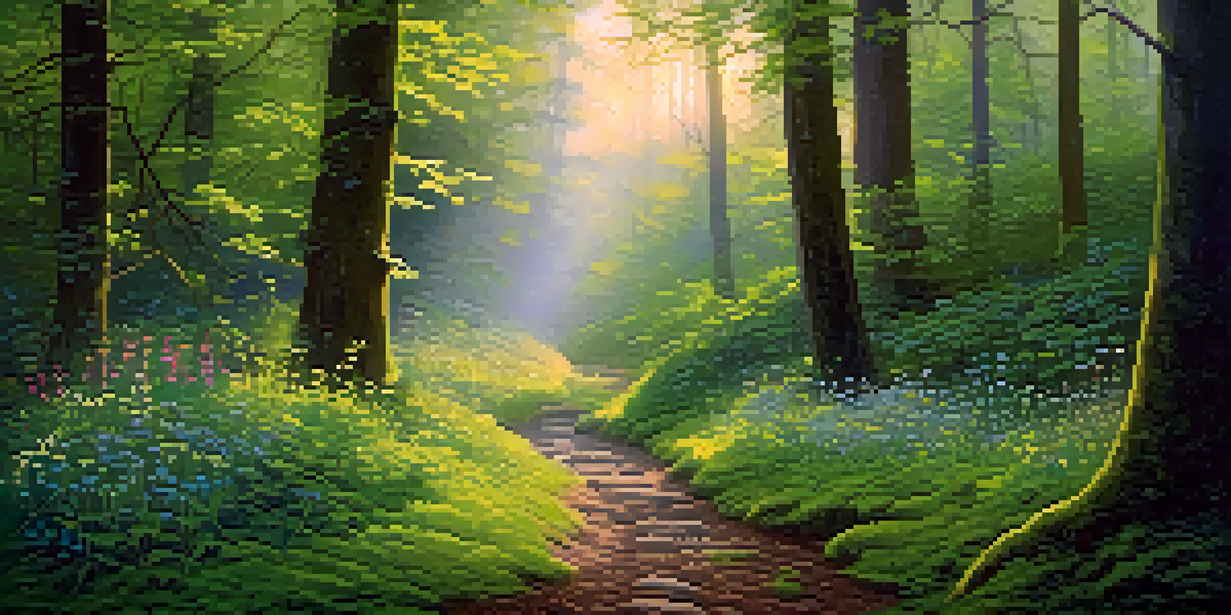 A peaceful forest at dawn with sunlight peeking through green leaves, a mossy path, and colorful wildflowers.