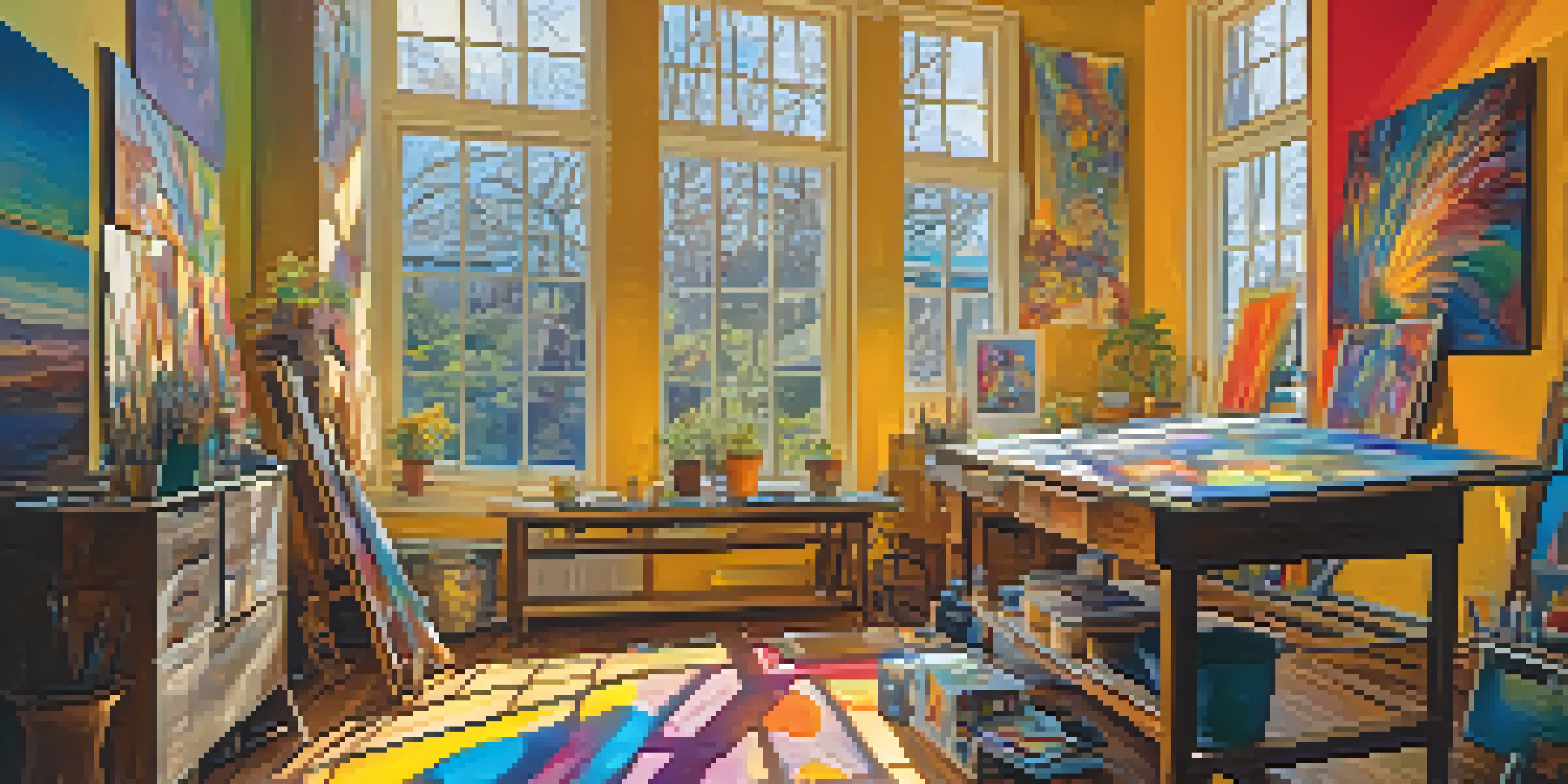 An artist's studio with bright colors, sunlight, and an artist painting an abstract piece surrounded by psychedelic art.