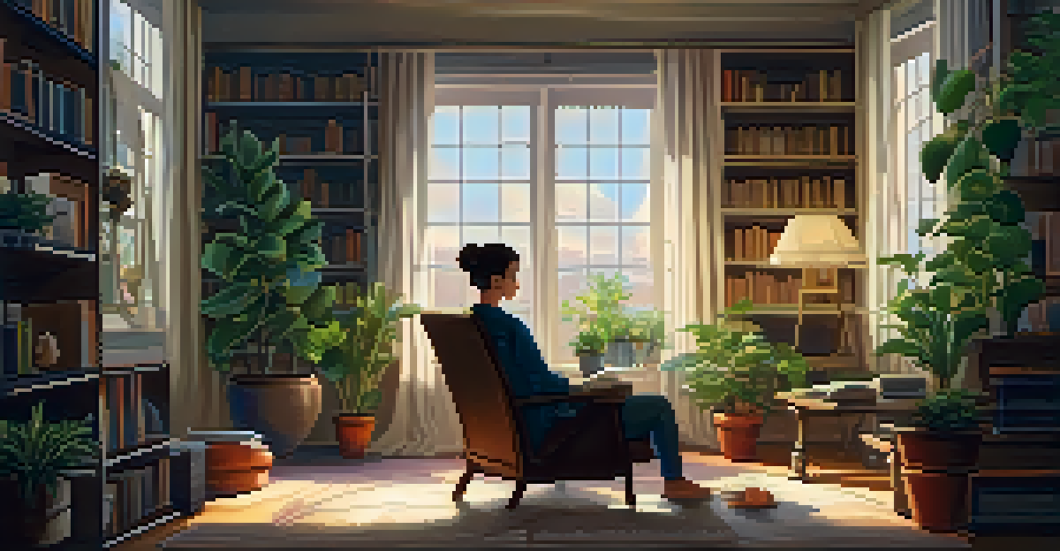 A warm, inviting room with a person sitting in an armchair, surrounded by books and plants, looking out the window.