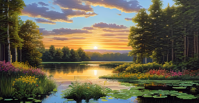 A tranquil forest landscape at sunset, with a pond reflecting the colorful sky and wildflowers in the foreground.