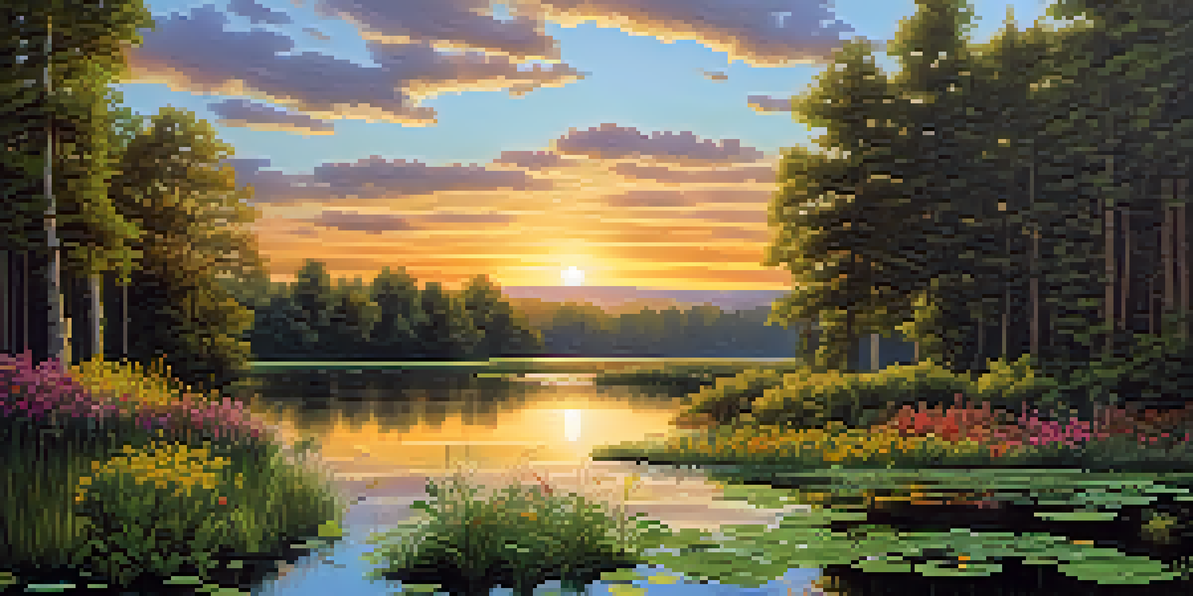 A tranquil forest landscape at sunset, with a pond reflecting the colorful sky and wildflowers in the foreground.