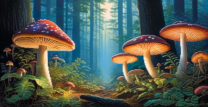 A tranquil forest at twilight featuring colorful mushrooms and soft sunlight filtering through trees.