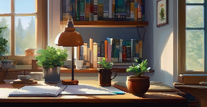 A peaceful workspace with a wooden desk, a potted plant, a notebook, and a cup of herbal tea, illuminated by natural light from a window.