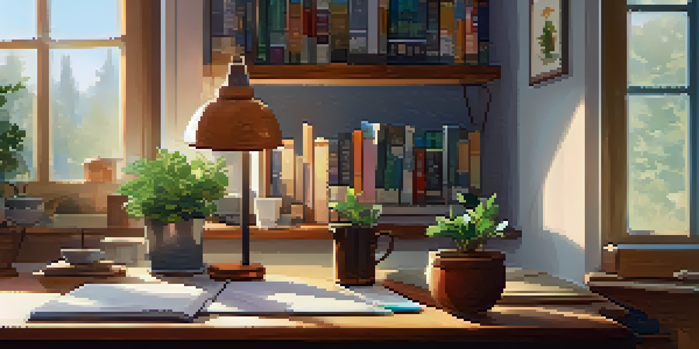 A peaceful workspace with a wooden desk, a potted plant, a notebook, and a cup of herbal tea, illuminated by natural light from a window.