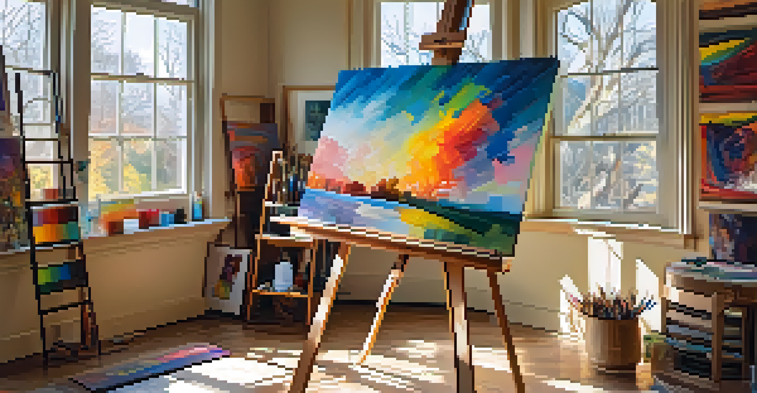 An artist's studio with canvases, art supplies, and sunlight streaming through windows, highlighting a colorful painting.