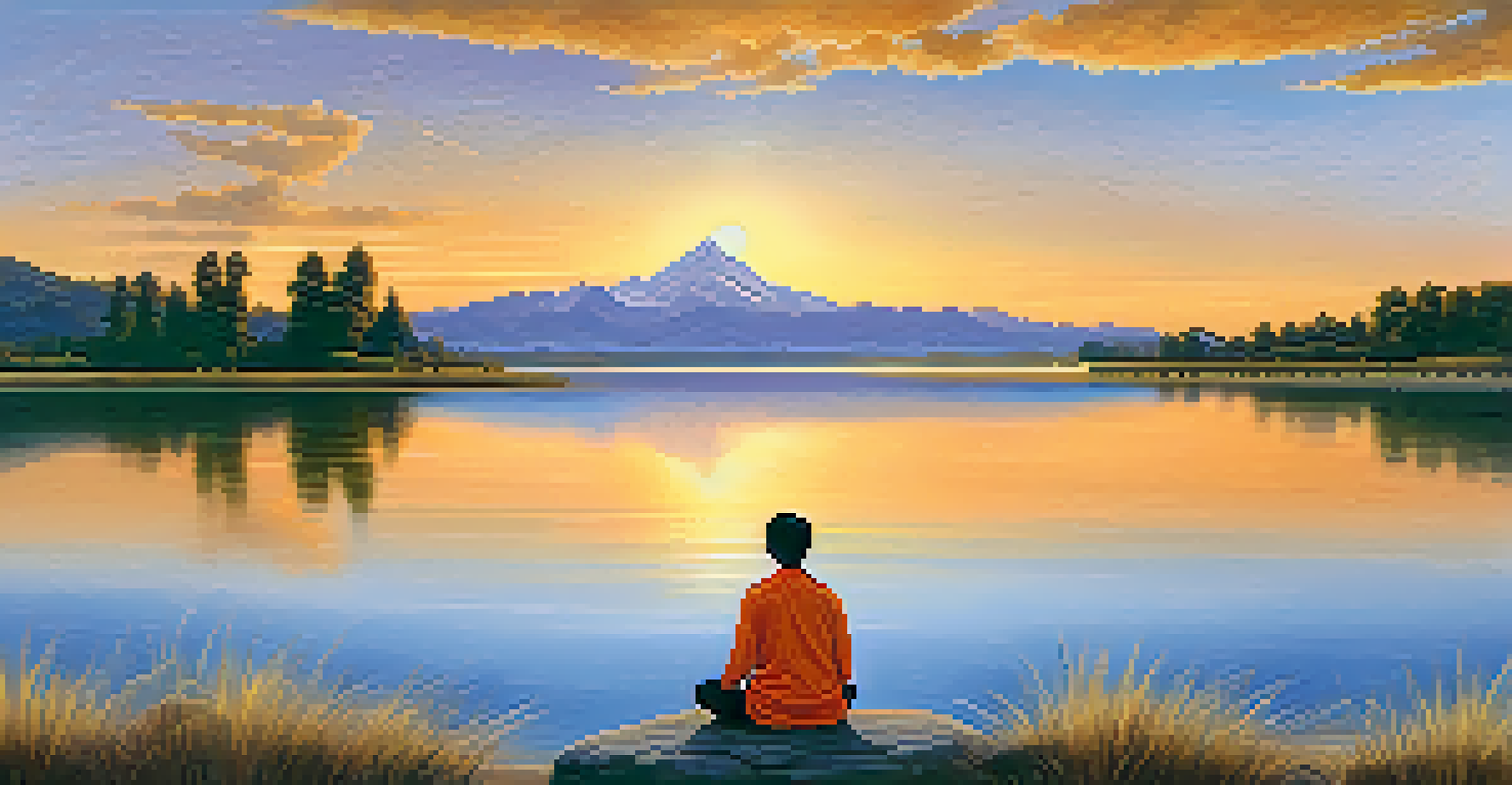 A person meditating by a calm lake at sunset, reflecting warm golden and orange tones, creating a serene and peaceful atmosphere.