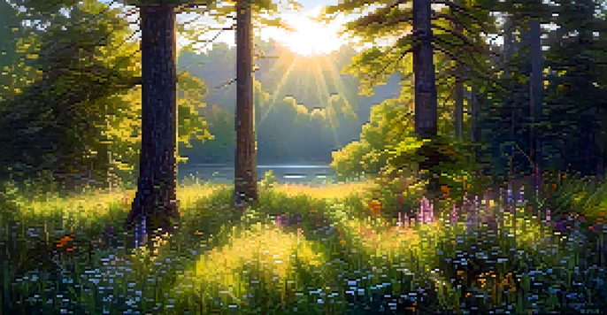 A peaceful forest scene with sunlight shining through trees and vibrant wildflowers in a clearing.