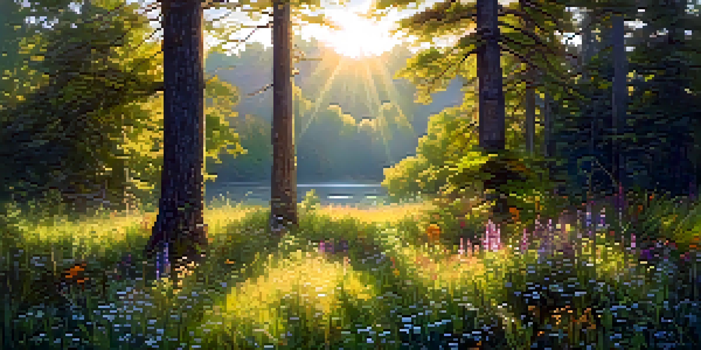 A peaceful forest scene with sunlight shining through trees and vibrant wildflowers in a clearing.