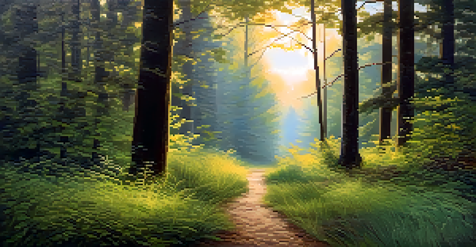 A tranquil forest path at twilight, illuminated by golden light, inviting exploration and introspection.