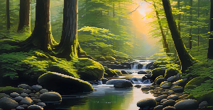 A peaceful forest with sunlight filtering through the trees and a gentle stream flowing over stones.