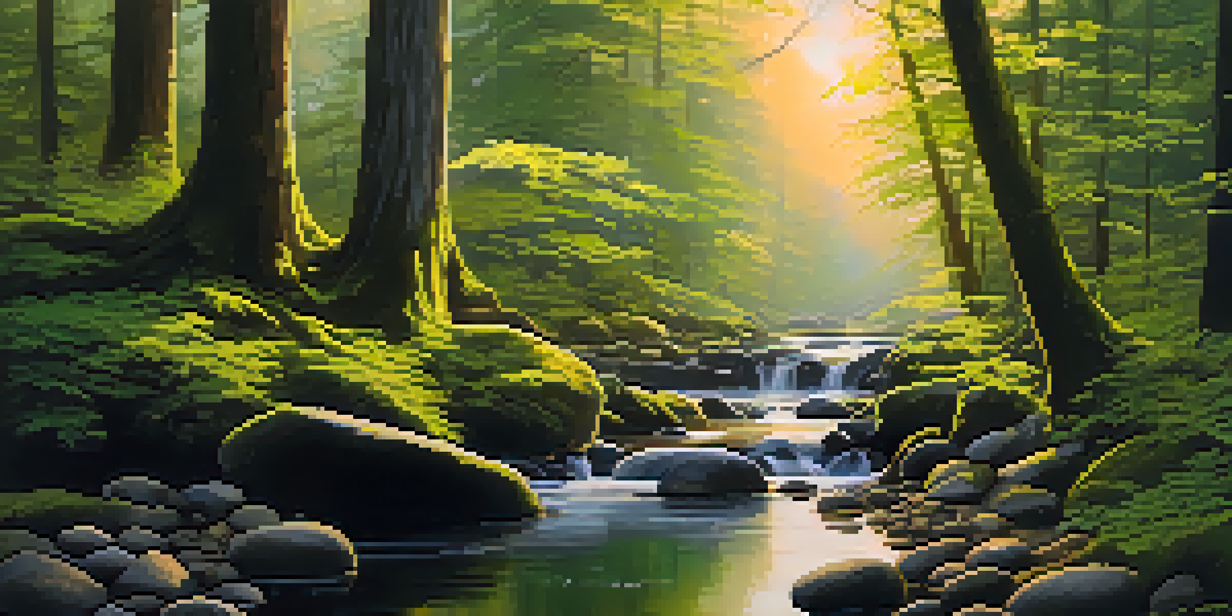 A peaceful forest with sunlight filtering through the trees and a gentle stream flowing over stones.