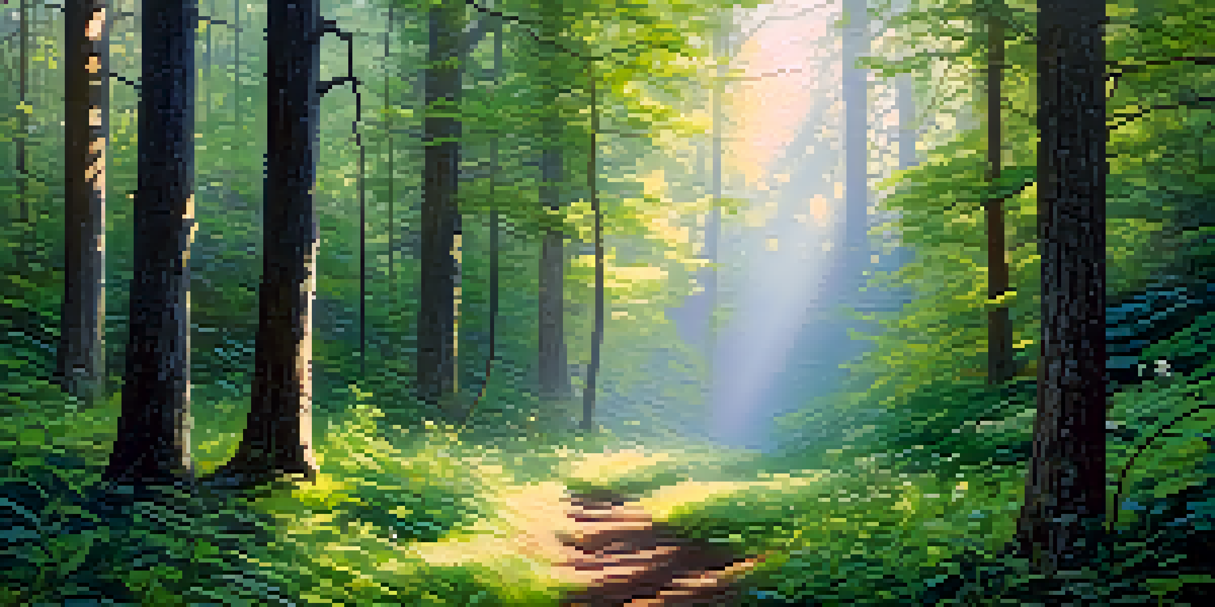 A peaceful forest at dawn with sunlight filtering through trees and mist in the air.