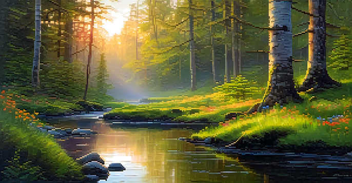 A tranquil forest scene at sunset with golden light filtering through trees, a stream reflecting the sky, and colorful wildflowers.