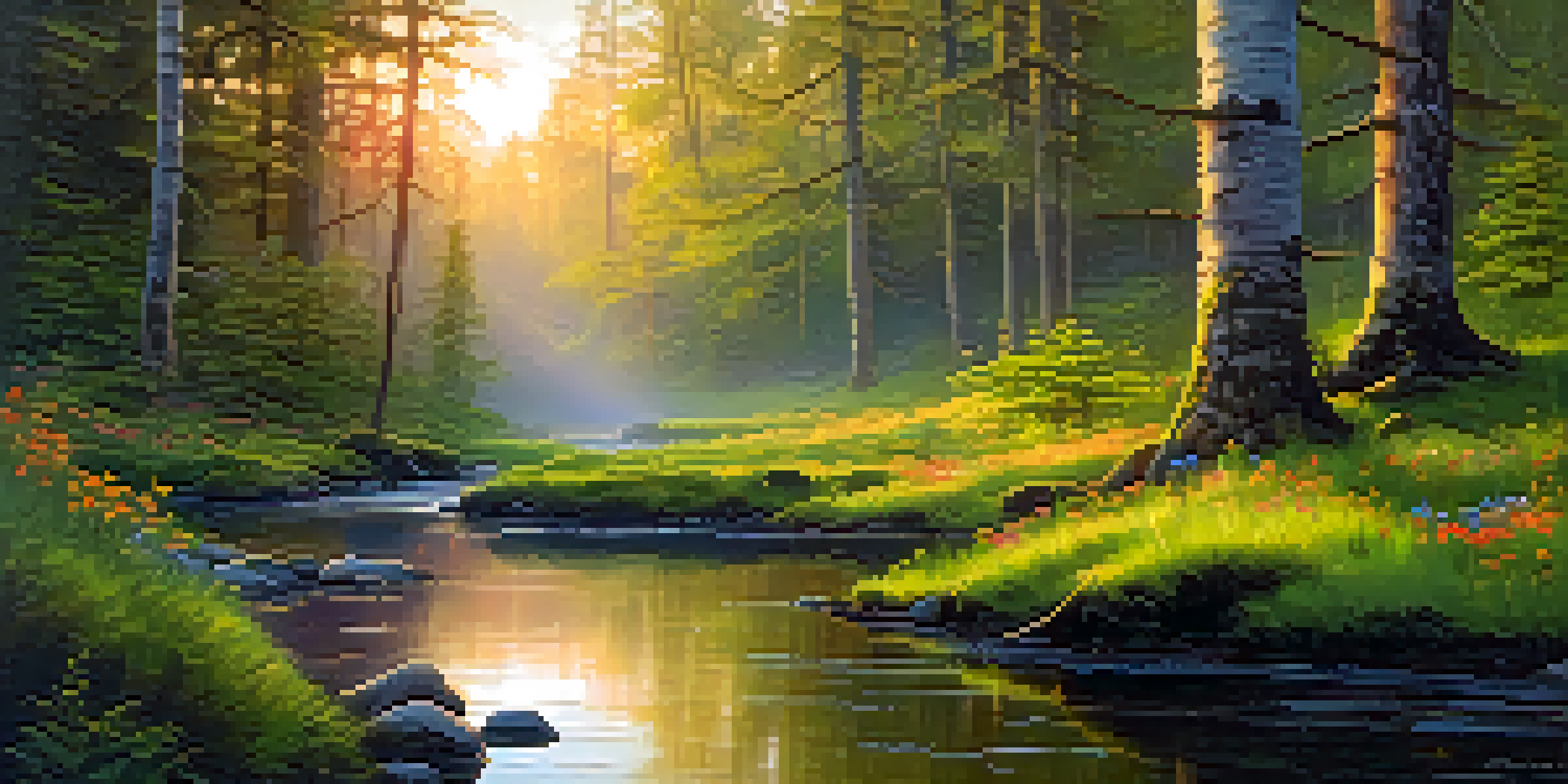 A tranquil forest scene at sunset with golden light filtering through trees, a stream reflecting the sky, and colorful wildflowers.