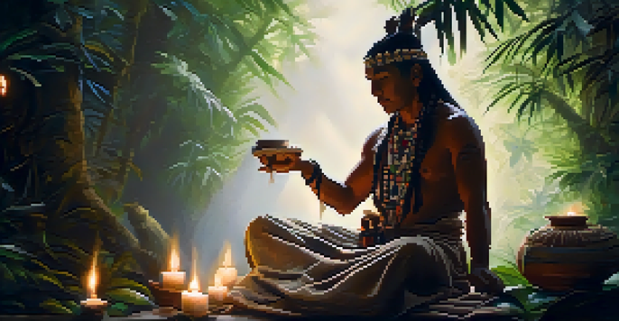 An indigenous shaman in traditional attire holding a bowl of Ayahuasca brew in a dimly lit ceremonial space, surrounded by plants and candles.