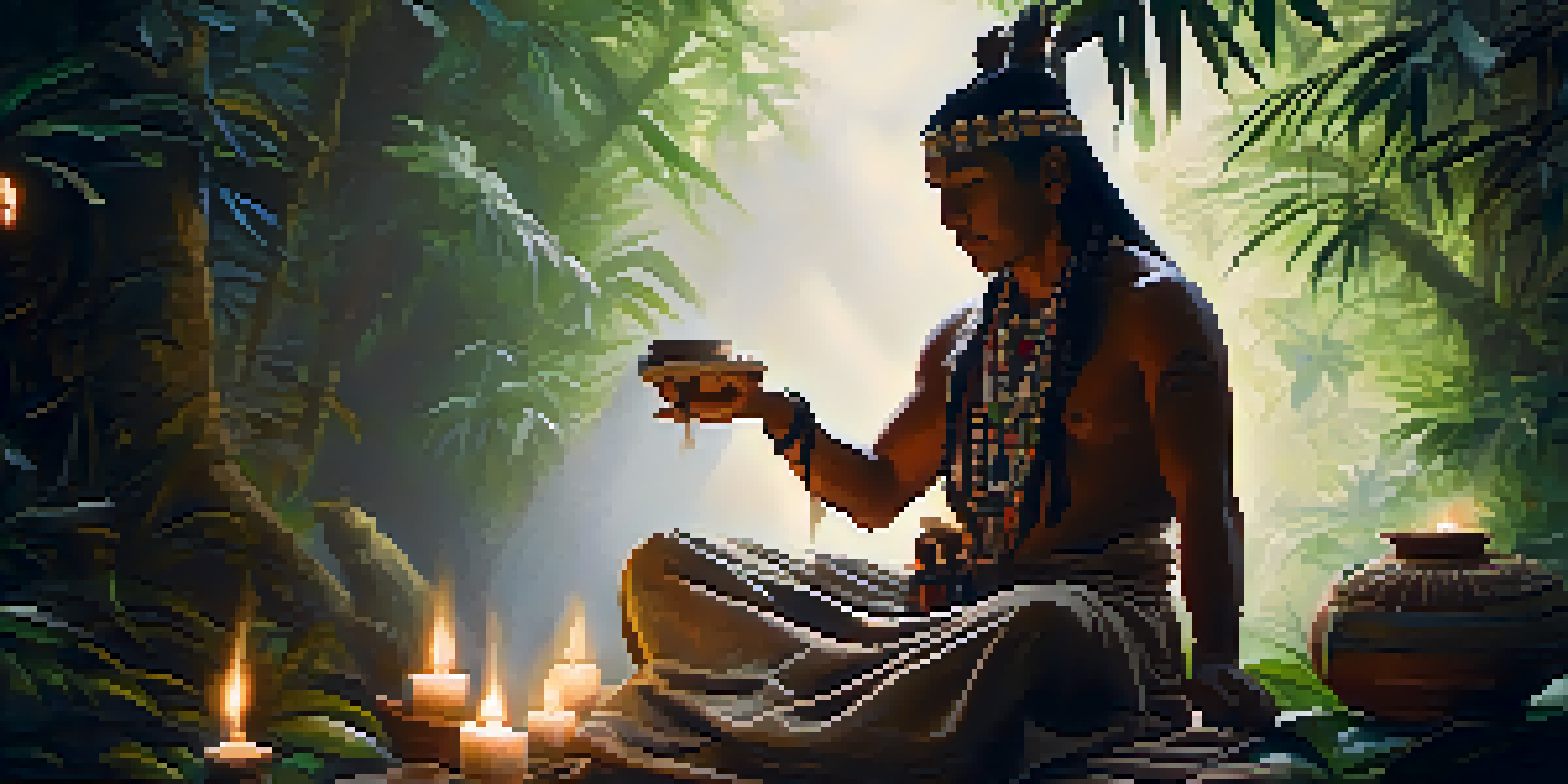 An indigenous shaman in traditional attire holding a bowl of Ayahuasca brew in a dimly lit ceremonial space, surrounded by plants and candles.
