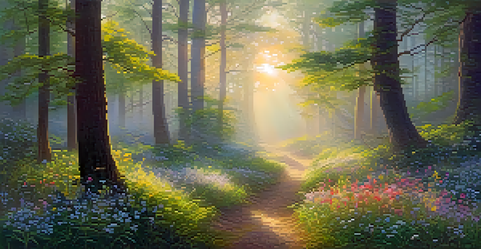 A peaceful forest at dawn with sunlight filtering through trees and colorful wildflowers in the foreground, surrounded by mist.