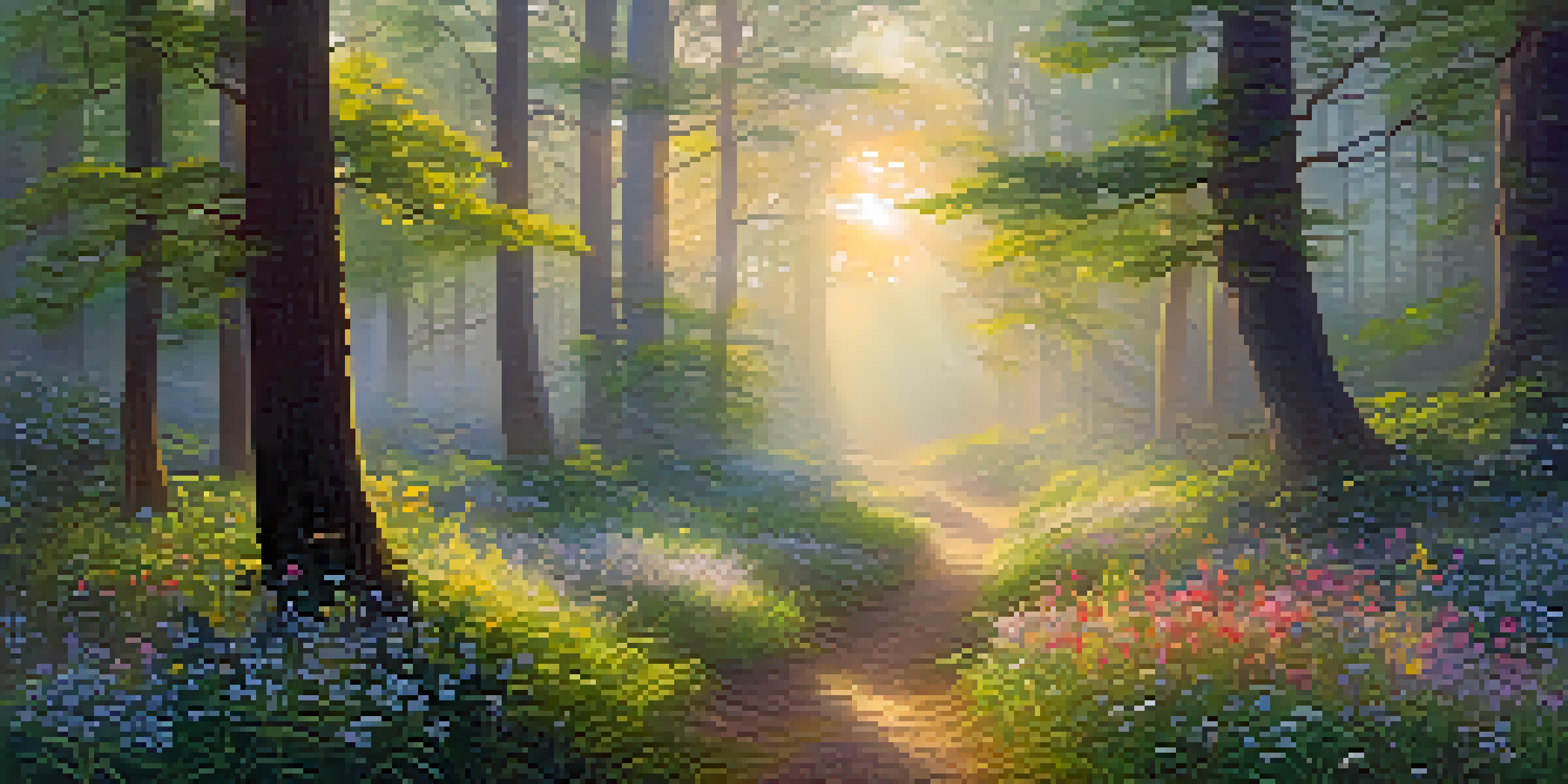 A peaceful forest at dawn with sunlight filtering through trees and colorful wildflowers in the foreground, surrounded by mist.