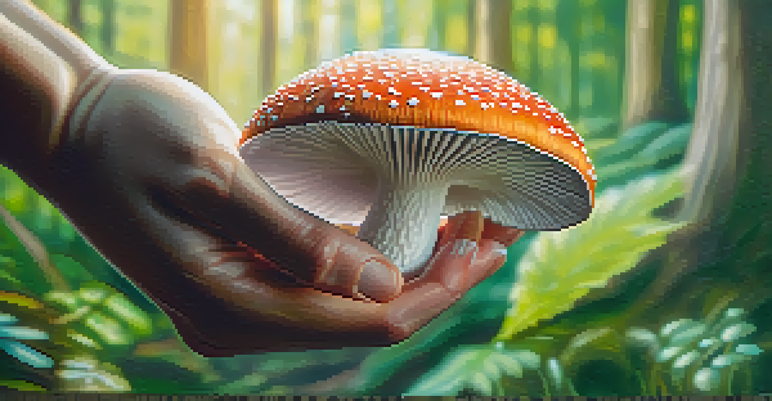 A close-up of hands holding a psychedelic mushroom in a natural setting, symbolizing its therapeutic potential.