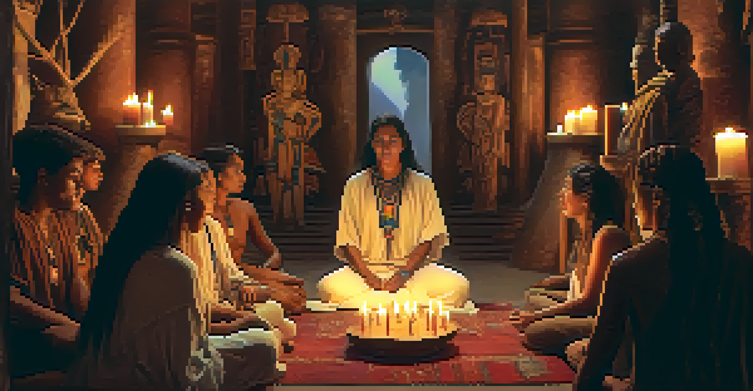 A shamanic figure leading a group in a decorated space with candles and feathers, creating a warm atmosphere of safety and support.