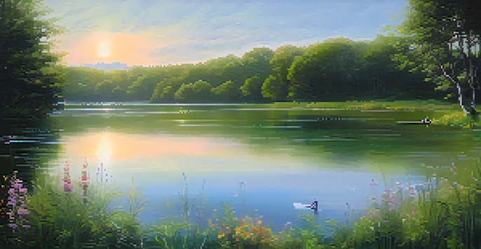 A tranquil lake scene with a person sitting by the water, surrounded by greenery and wildflowers, with soft music notes in the air.