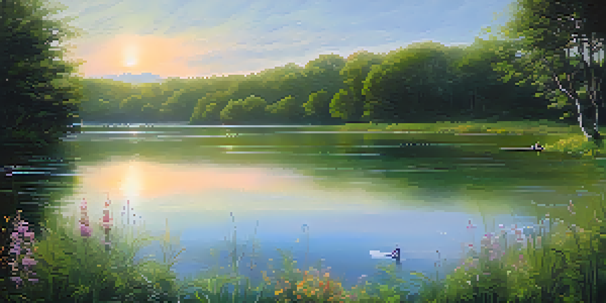 A tranquil lake scene with a person sitting by the water, surrounded by greenery and wildflowers, with soft music notes in the air.