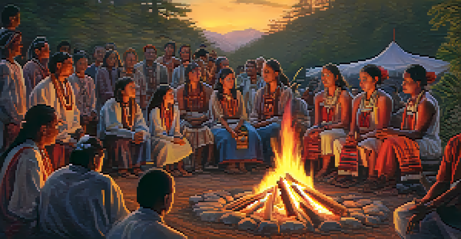 A group of Indigenous people in traditional attire gathered around a fire during a ceremony at dusk.