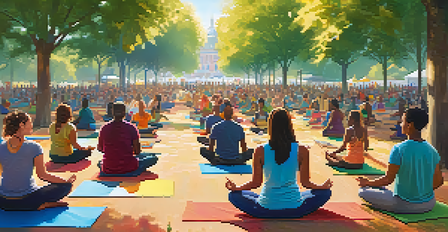 A vibrant community gathering in a park promoting mental health awareness with people engaged in yoga and conversations.