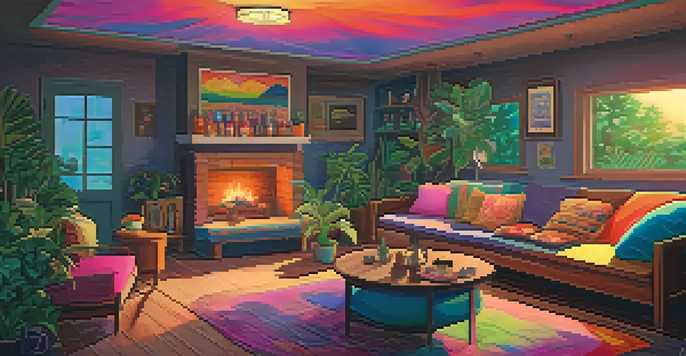 A cozy and inviting room with cushions and plants, featuring a small campfire and people gathering around, sharing stories.