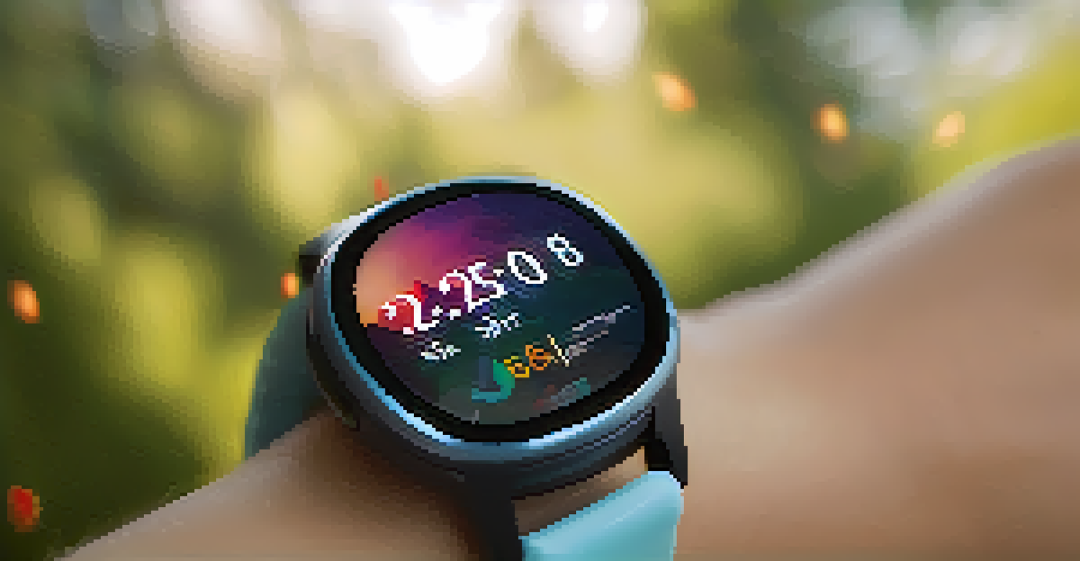 A close-up of a smartwatch showing heart rate variability metrics against a blurred tranquil nature background.