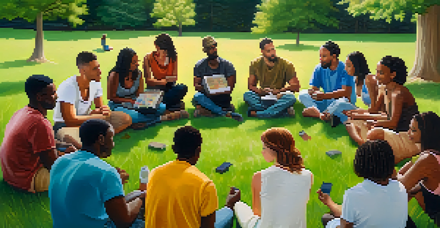 A diverse group of people sitting in a circle outdoors, sharing insights and support in a natural setting.