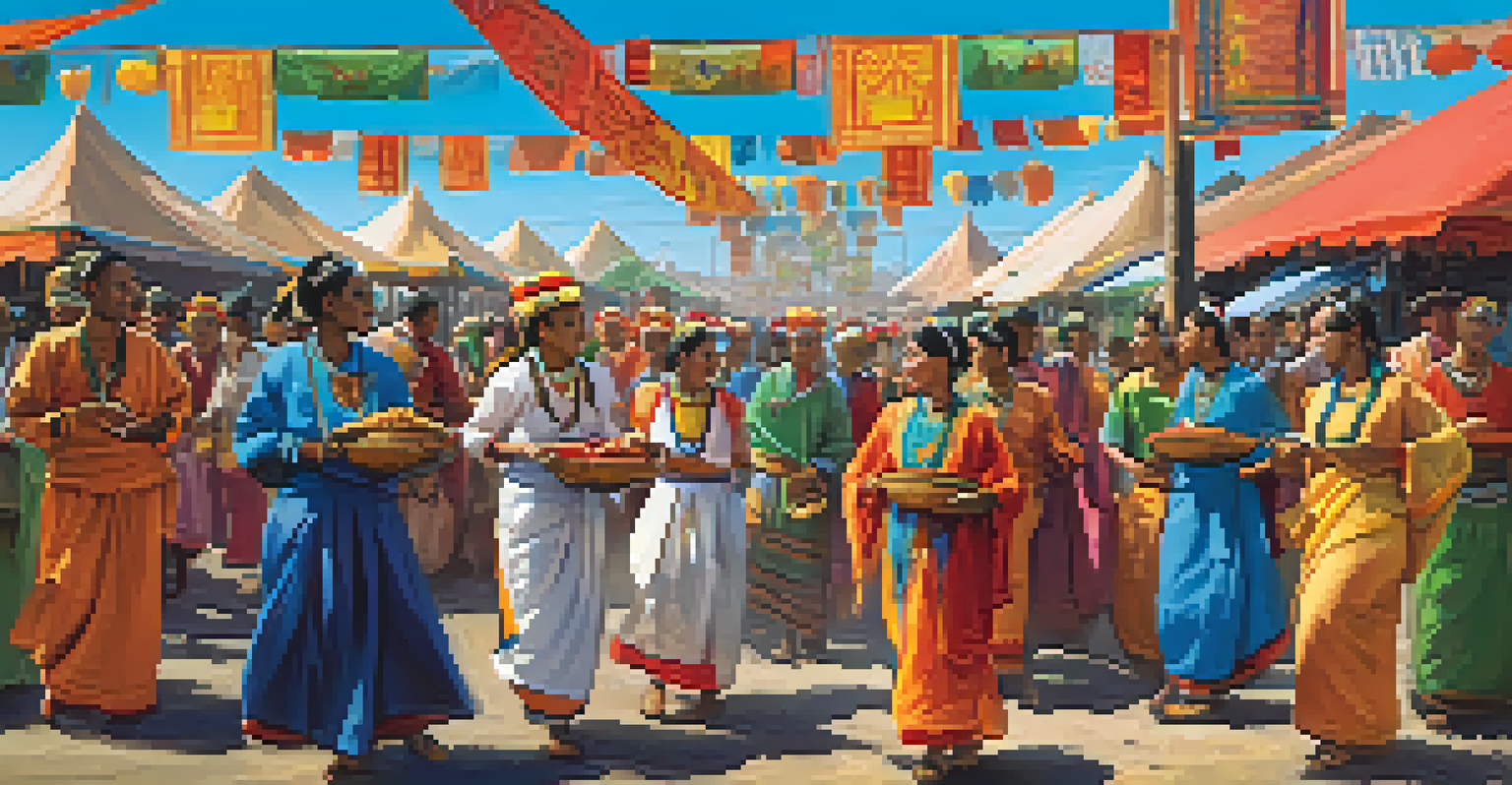 A lively outdoor festival with individuals in traditional clothing celebrating cultural rituals, with colorful decorations and food stalls.